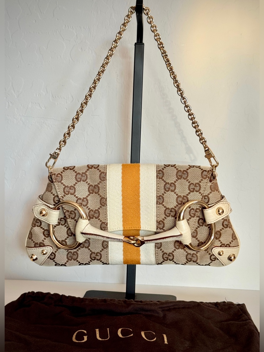 Vintage Gucci Horsebit GG Monogram Canvas Web Stripe Chain Shoulder Bag +dustbag